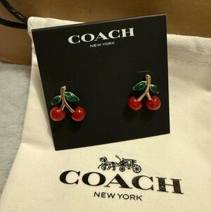 Coach Red Cherry Stud Earrings with Green Leaves